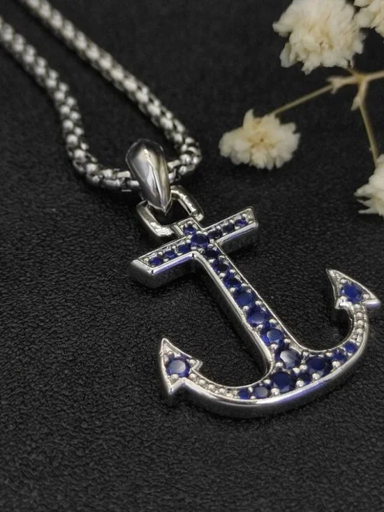 David Yurman 925 Silver Sapphire Anchor Necklace with Original Pouch - Picture 3 of 4